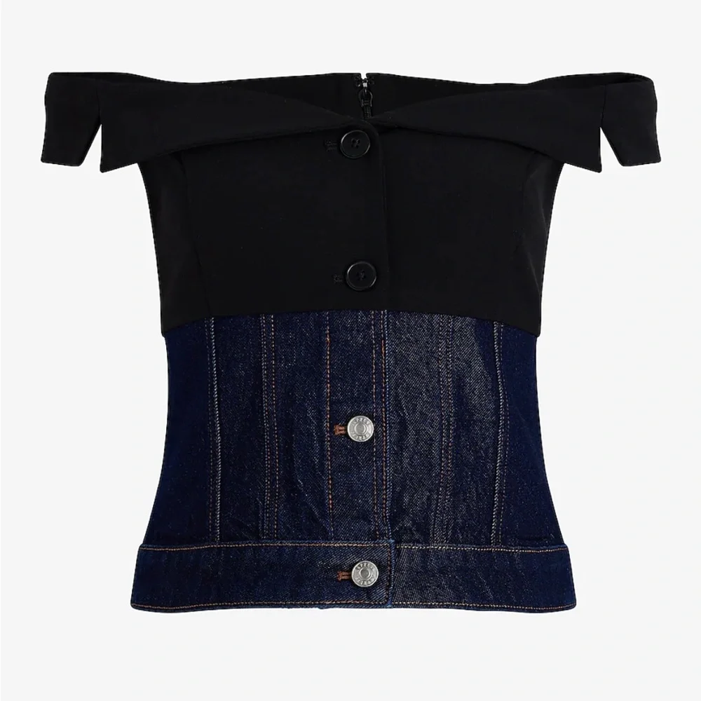 Express Denim Twill Off The Shoulder Faux Button Front Corset Top - Picture 4 of 15